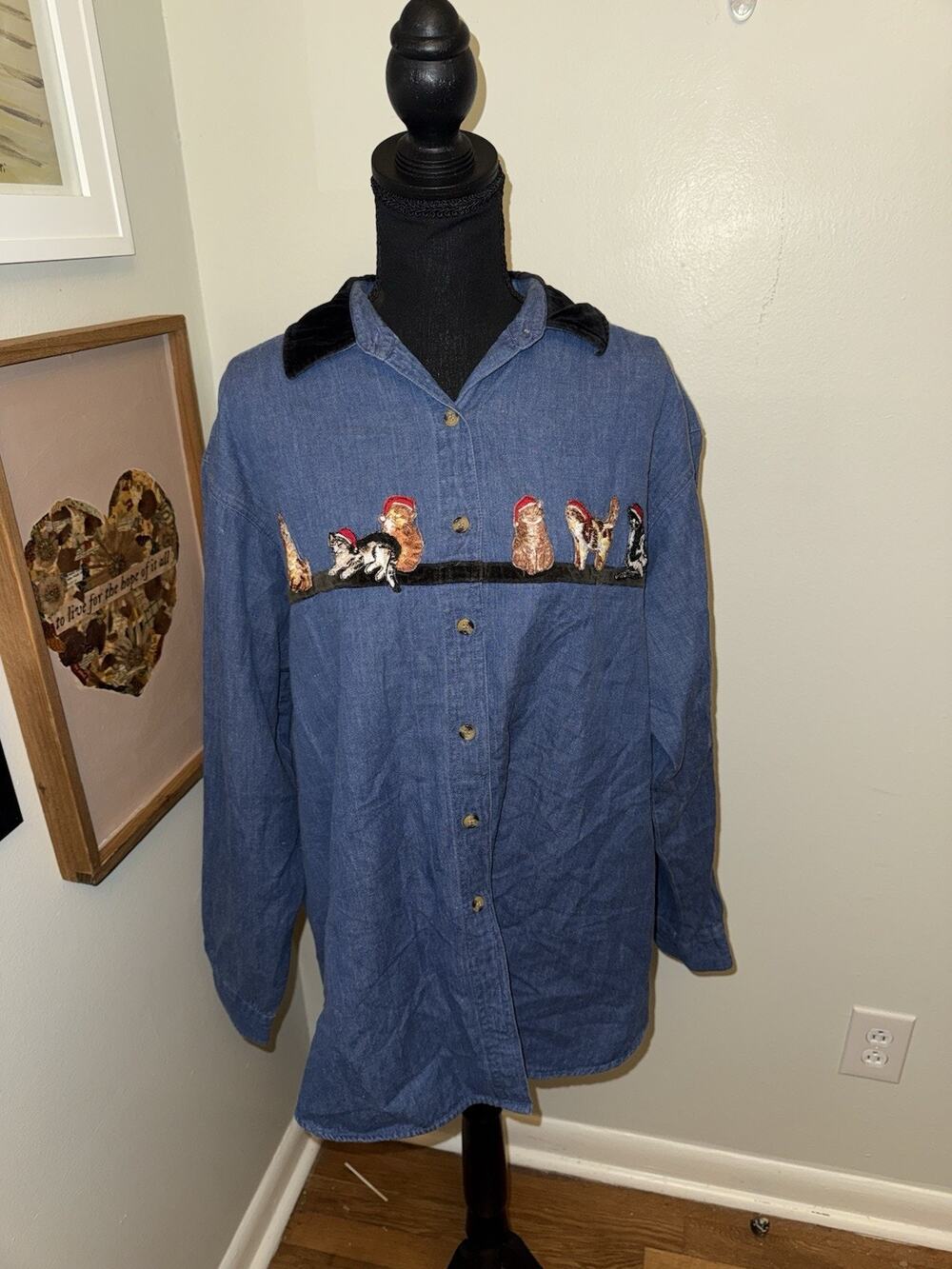 Vintage Women’s Denim Christmas Cat Button Down Shirt Appliqué Cat Lady Size 18W